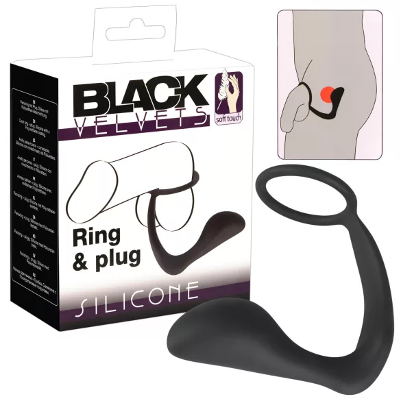 Black Velvets - dop anal cu inel pentru penis - silicon negru