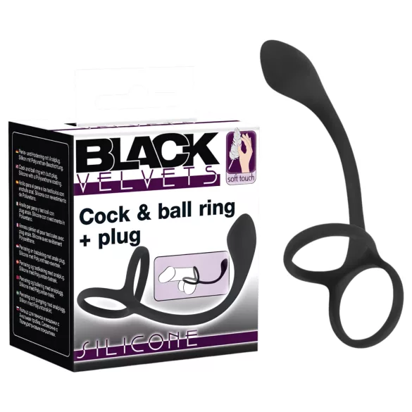 Black Velvets - dildo anal cu inel pentru penis și testicule - subțire - negru