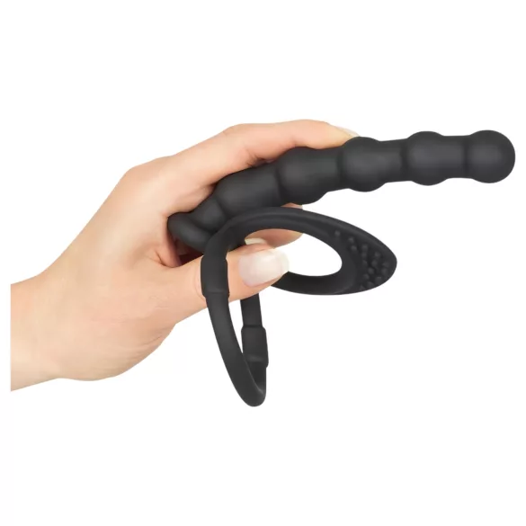 Black Velvets - inel pentru erecție și penis cu dildo anal - silicon negru