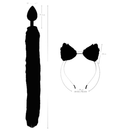 Bad Kitty - Set dildo anal cu coadă și urechi de pisică - negru (2 piese)