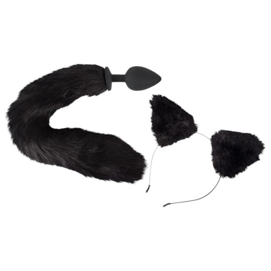 Bad Kitty - Set dildo anal cu coadă și urechi de pisică - negru (2 piese)