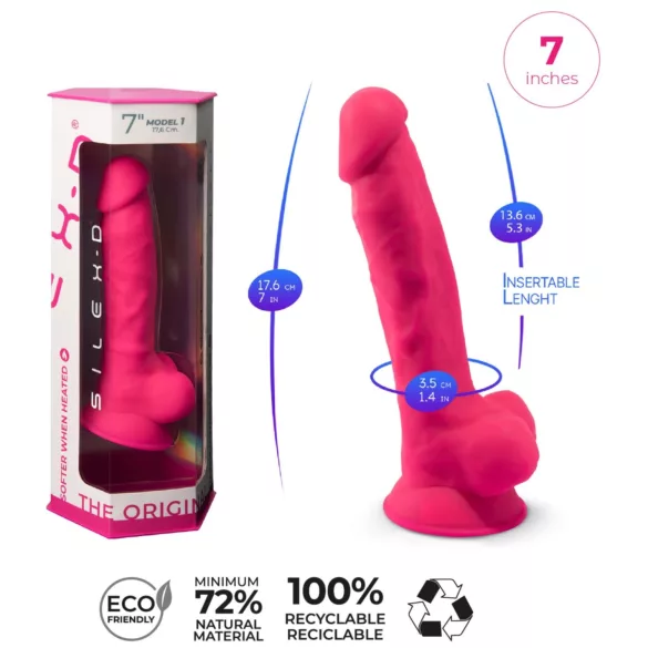 Silexd 7 - dildo cu ventuză, cu testicule - 17,5 cm (roz)