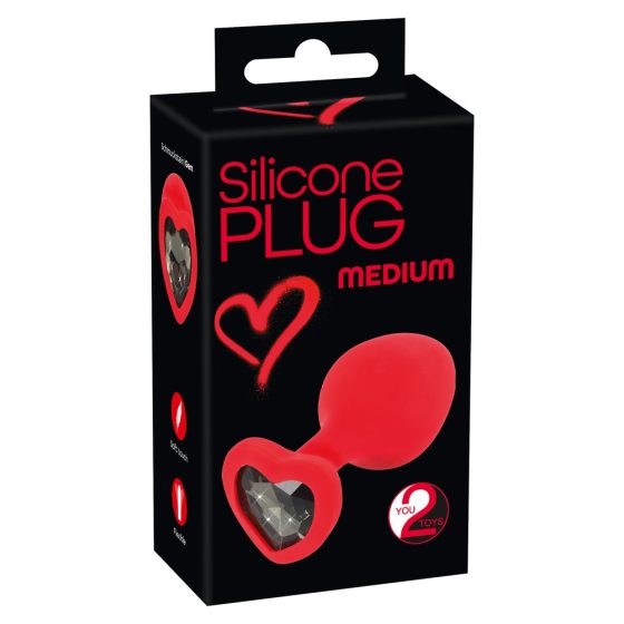 You2Toys Plug M - dildo anal cu pietre negre, în formă de inimă - mărime medie (roșu)
