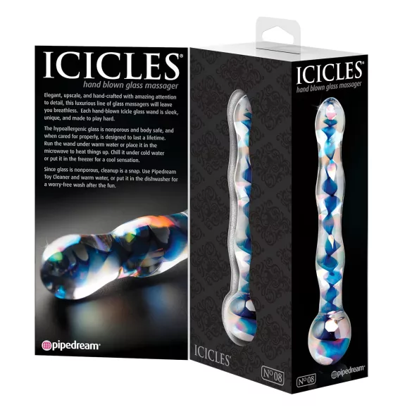 Icicles No. 08 - dildo din sticlă dublu, ondulat - transparent/albastru