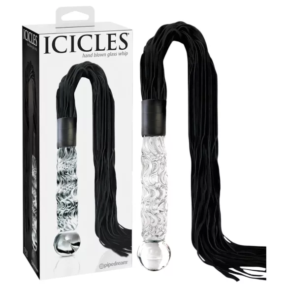 Icicles No. 38 - dildou din sticlă transparentă și bici din piele - negru