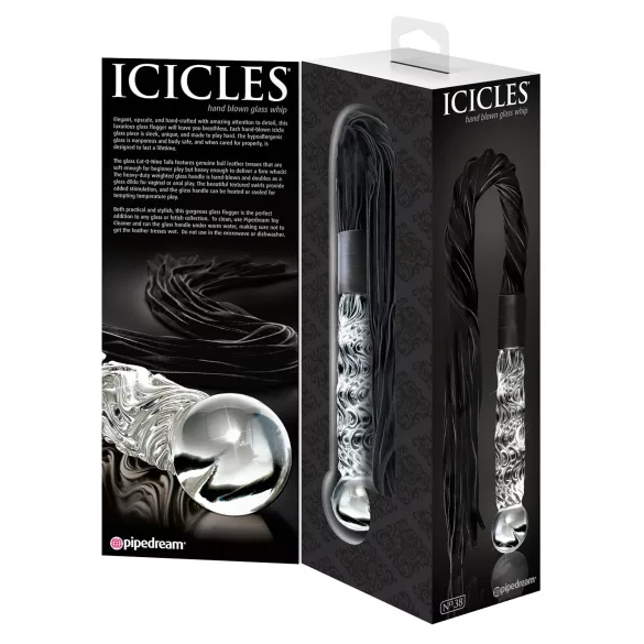 Icicles No. 38 - dildou din sticlă transparentă și bici din piele - negru