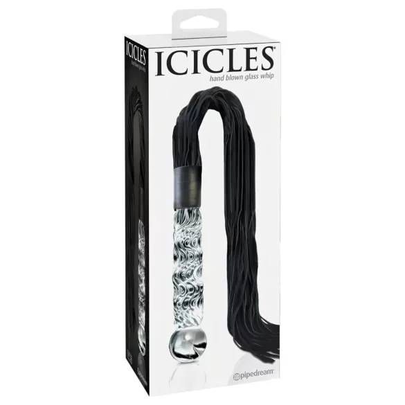 Icicles No. 38 - dildou din sticlă transparentă și bici din piele - negru