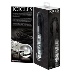   Icicles No. 38 - dildo de sticlă ondulată cu mici cozi de piele (transparent-negru)