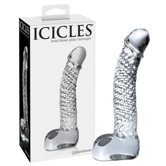 Icicles No. 61 - dildo de sticlă cu testicule, în formă de penis (transparent)