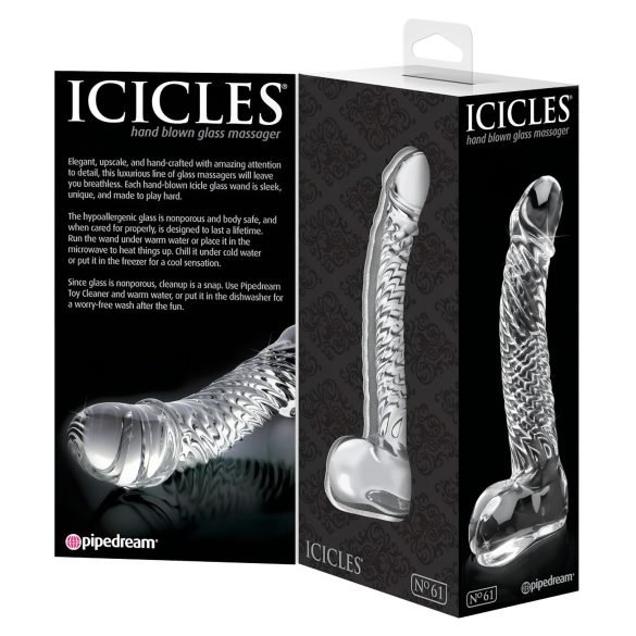 Icicles No. 61 - dildo din sticlă cu testicule și penis - transparent