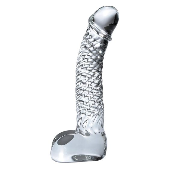 Icicles No. 61 - dildo din sticlă cu testicule și penis - transparent