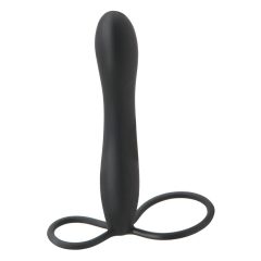  Fetish Double Trouble - inel pentru testicule și penis cu dildo anal (negru)