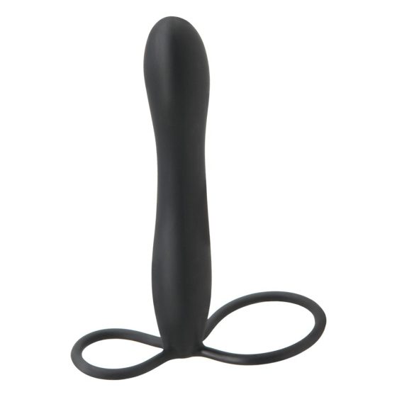 Fetish Double Trouble - inel pentru testicule și penis cu dildo anal (negru)