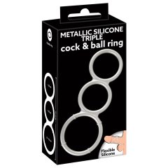   You2Toys - inel triplu de silicon cu efect de metal pentru penis și testicule (argintiu)