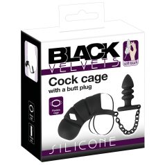   Black Velvets - cușcă pentru penis din silicon cu plug anal - negru