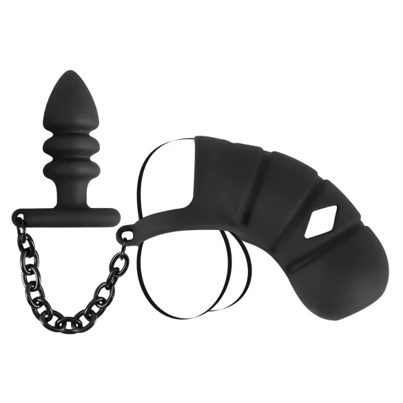 Black Velvets - cușcă peniană din silicon cu dop anal (negru)