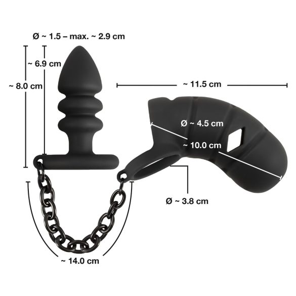 Black Velvets - cușcă pentru penis din silicon cu plug anal - negru