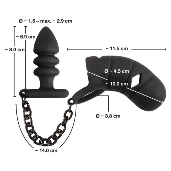 Black Velvet - cușcă de silicon pentru penis cu dildo anal (negru)