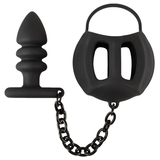 Black Velvet - cușcă de silicon pentru testicule cu dildo anal (negru)
