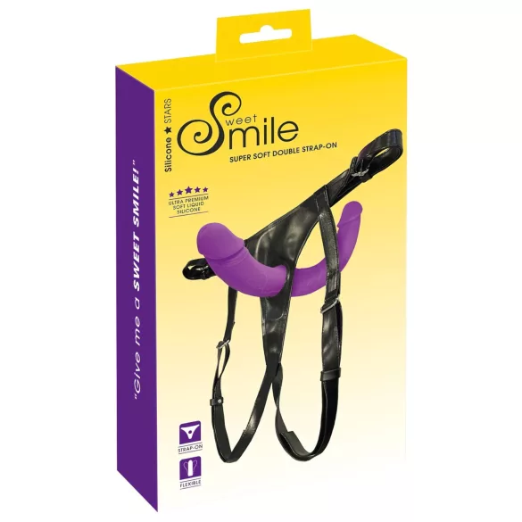 SMILE - dildo dublu cu ham pentru cupluri - silicon - mov-negru