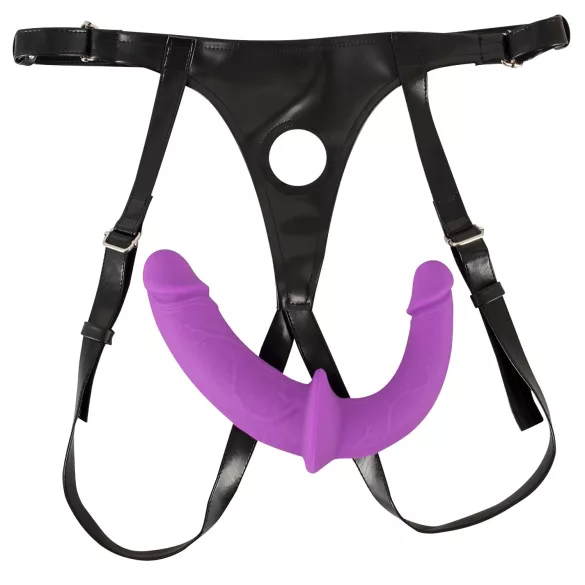 SMILE - dildo dublu cu ham pentru cupluri - silicon - mov-negru
