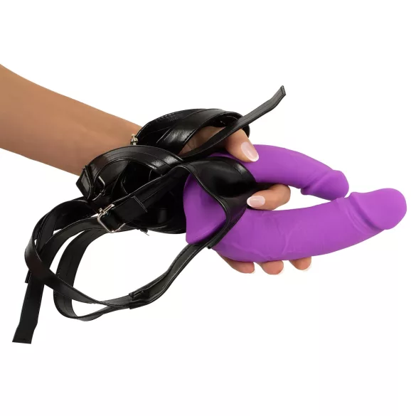 SMILE - dildo dublu cu ham pentru cupluri - silicon - mov-negru