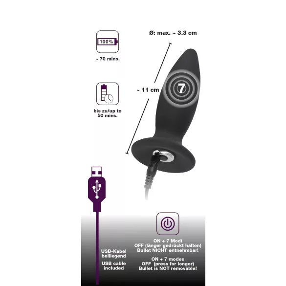 Black Velvets - vibrator anal pentru începători reîncărcabil mic negru