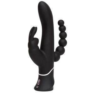 Happyrabbit Triple - vibrator cu acționare la clitoris și anal, cu baterie (negru)