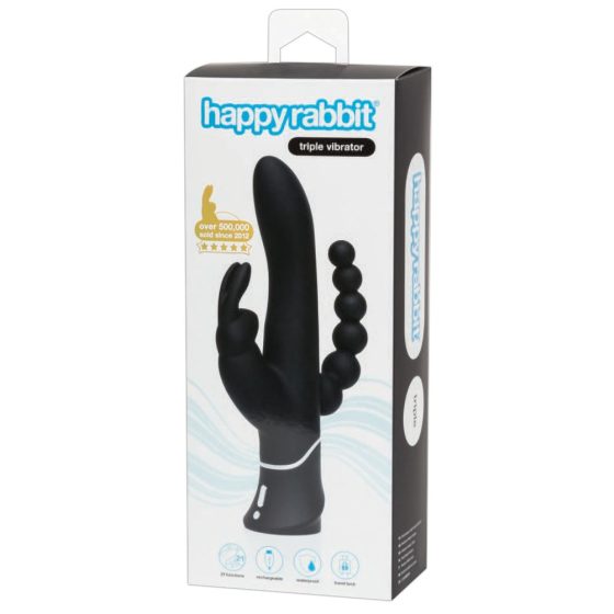 Happyrabbit Triple - Vibrator clitoridian și anal reîncărcabil (negru)