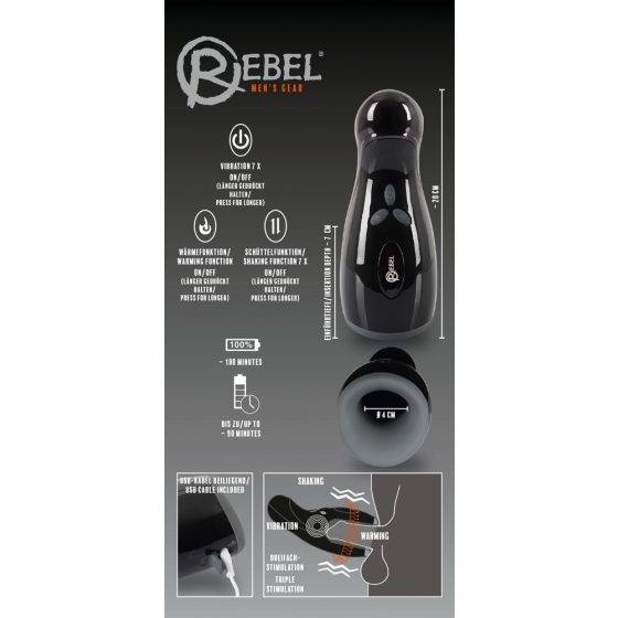 Rebel - Masturbator încălzibil, vibratoare, cu mișcare în sus și în jos (negru)