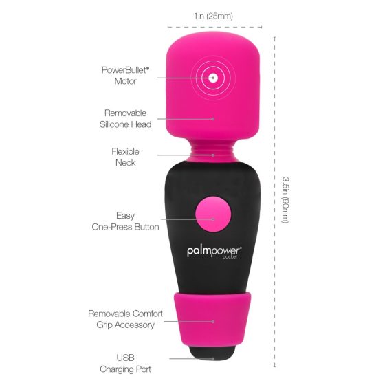 PalmPower Pocket Wand - vibrator mini de masaj cu acumulator, (roz-negru)