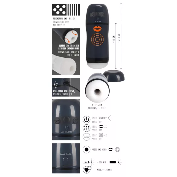 Rebel - Masturbator masculin 2 în 1 cu vibrații și sucțiune - negru