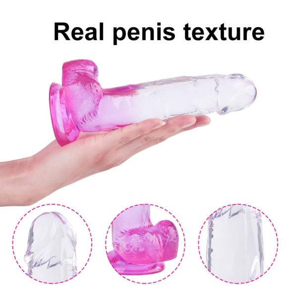 Sunfo - dildo cu ventuză și testicule - 22cm (transparent-violet)