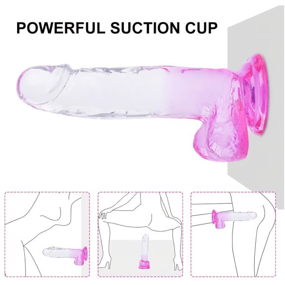 Sunfo - dildo cu ventuză și testicule - 22cm (transparent-violet)