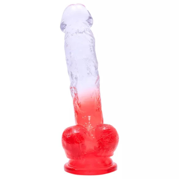 Sunfo - dildo cu ventuză, cu testicule - 21cm - transparent roșu