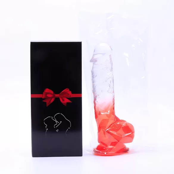 Sunfo - dildo cu ventuză, cu testicule - 21cm - transparent roșu