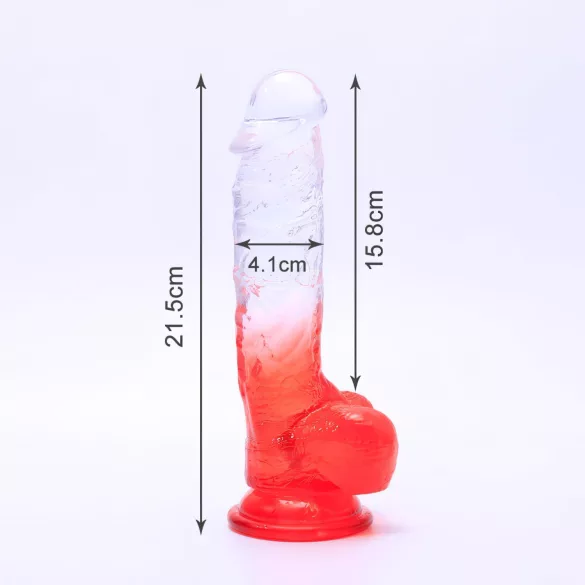 Sunfo - dildo cu ventuză, cu testicule - 21cm - transparent roșu