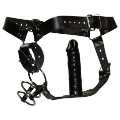 ZADO - tanga din piele cu dildo și 3 inele pentru penis