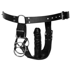ZADO - tanga din piele cu dildo și 3 inele pentru penis