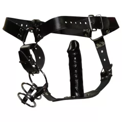   ZADO - tanga din piele cu dildo și 3 inele pentru penis - L/XL