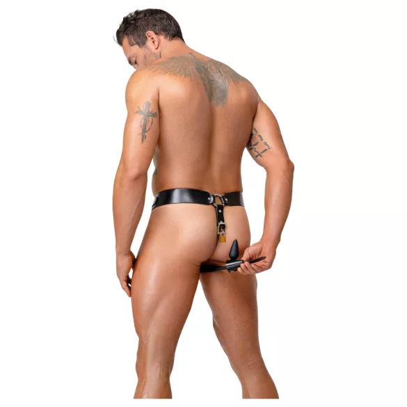 ZADO - tanga din piele tip centură de castitate cu 2 lacăte - negru (S-2XL)