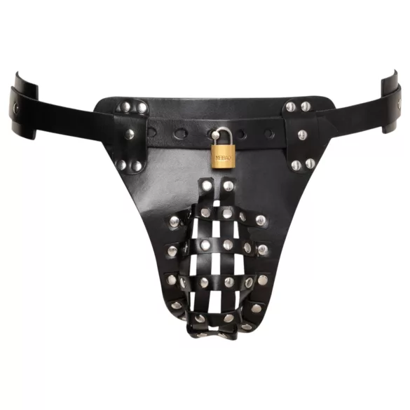 ZADO - tanga din piele tip centură de castitate cu 2 lacăte - negru (S-2XL)