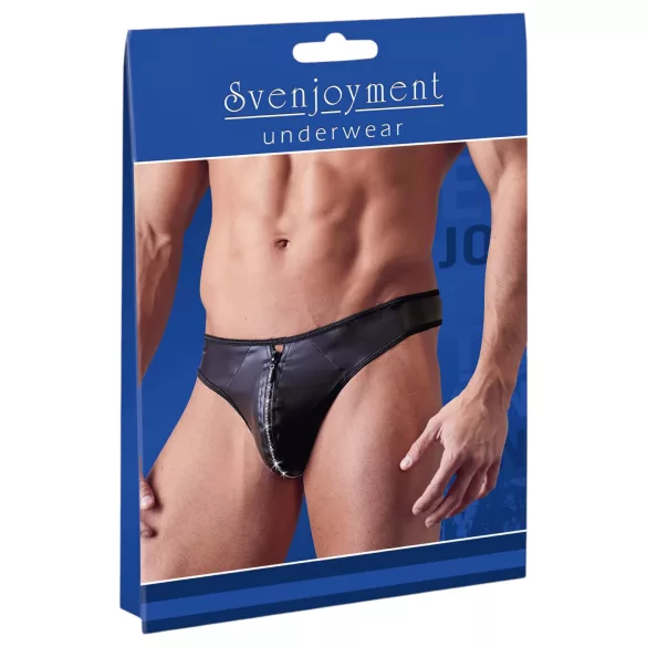 Svenjoyment - tanga bărbați lucioasă cu fermoar și strasuri - negru