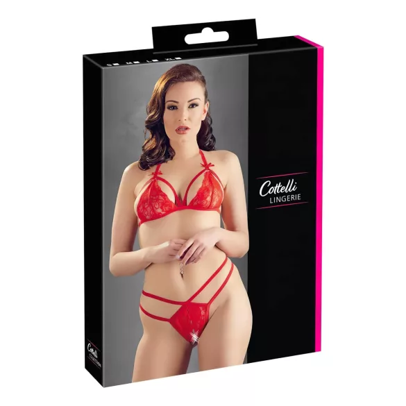 Cottelli - set lenjerie dantelă deschisă - sutien și chiloț - roșu - XL