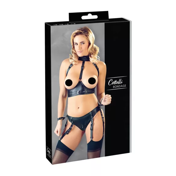 Cottelli Bondage - set bustier lucios cu cătușe - negru