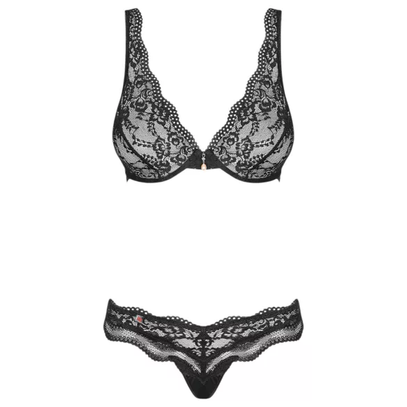 Obsessive - set lenjerie sutien cu flori și strasuri - negru