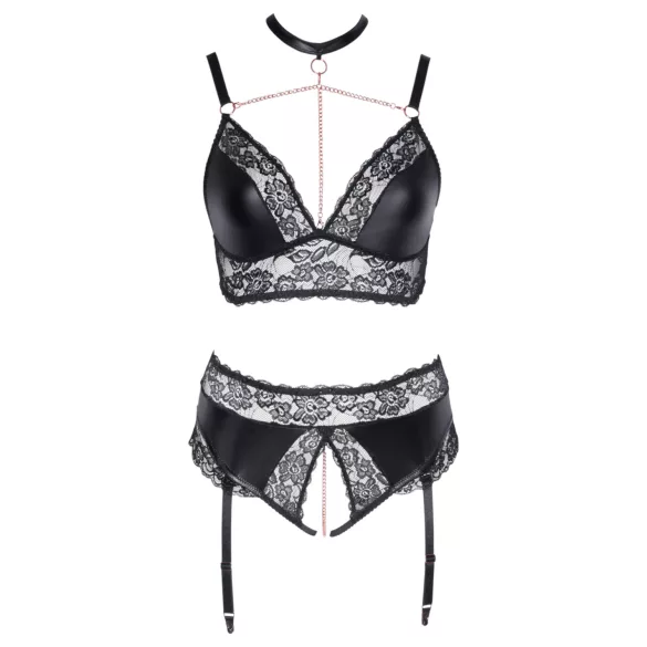 Cottelli Curves - set lenjerie sexy cu efect lucios - negru