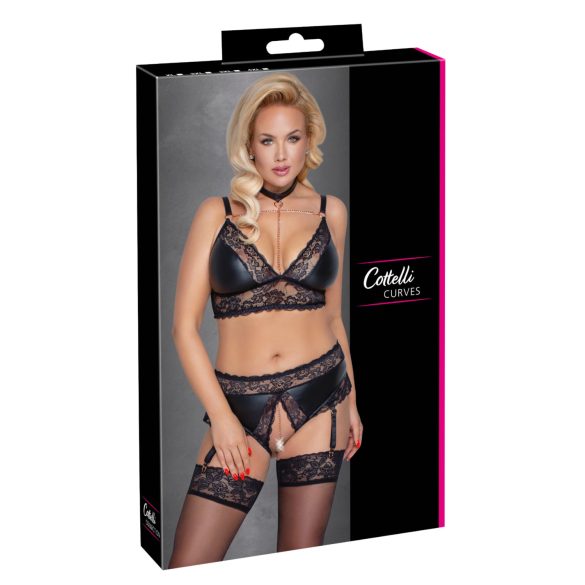 Cottelli Curves - set lenjerie sexy cu efect lucios - negru - 3XL