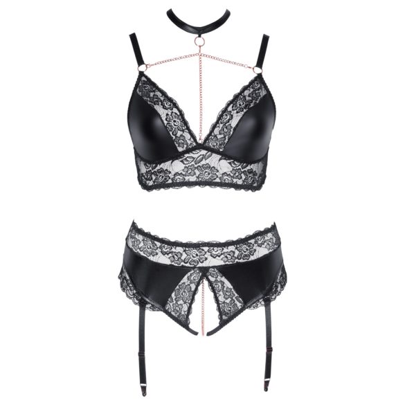 Cottelli Curves - set lenjerie sexy cu efect lucios - negru - 3XL