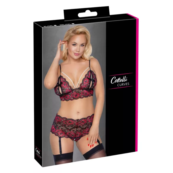 Cottelli Curves - set sutien deschis cu flori (negru)